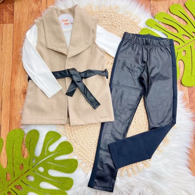 Conj. Colete em Fleece, Blusa Manga Longa Canelada e Legging em Couro Ecológico - Areia e Preto